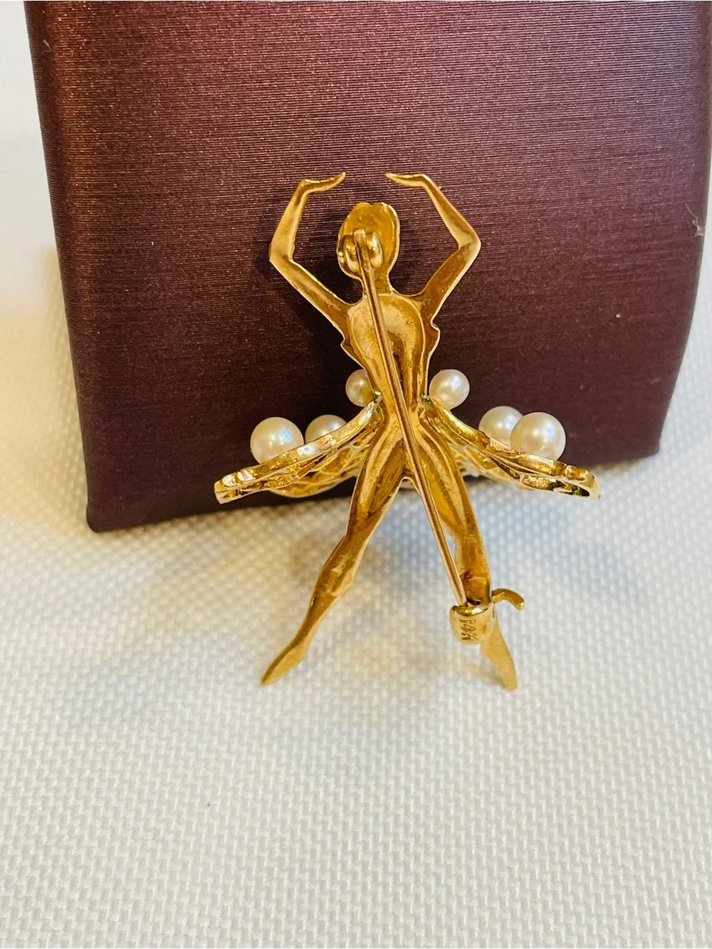 Vintage 14 Karat Yellow Gold and Cultured Pearl Ballerina Brooch Pin